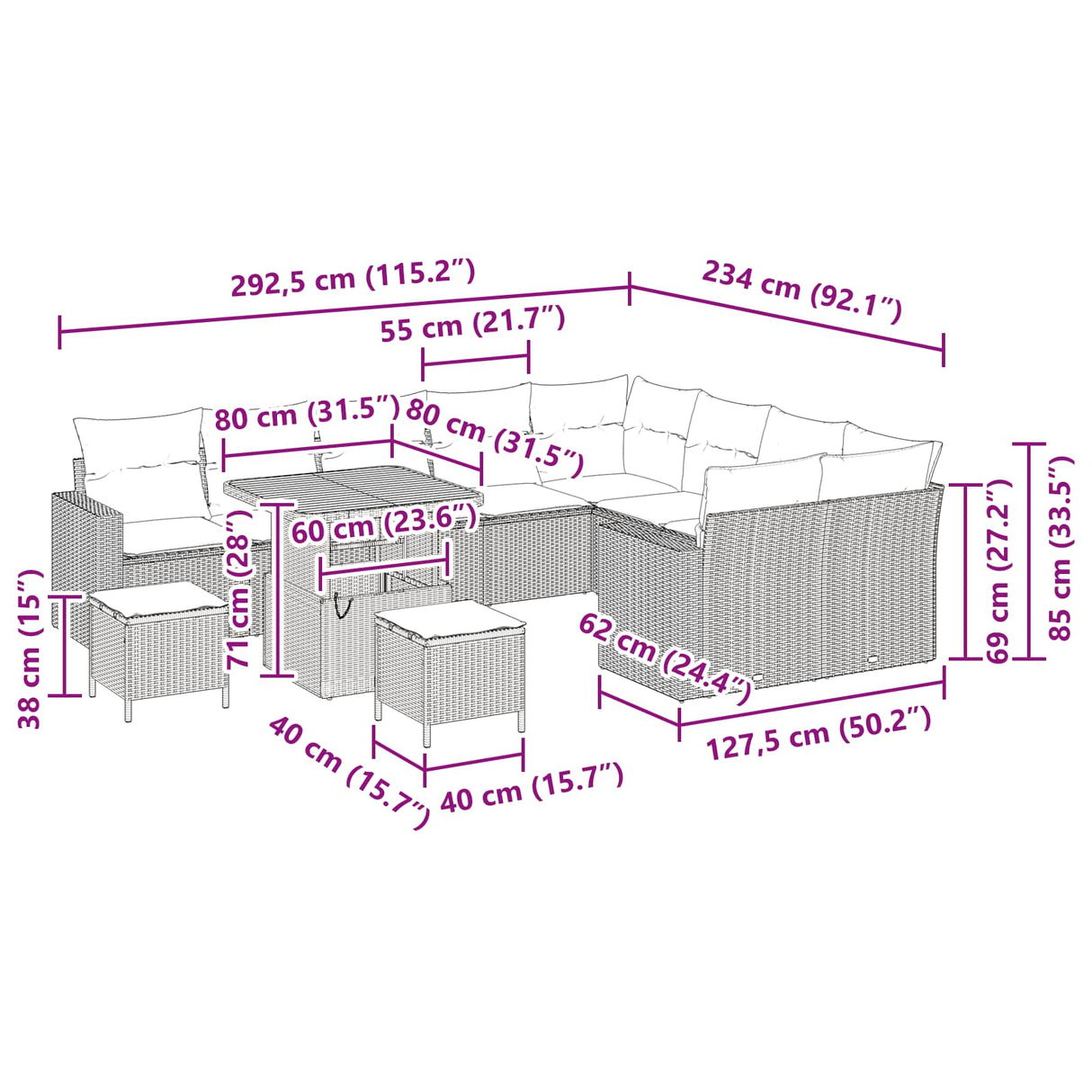 Garden Sofa Set Height-Adjustable 12 pcs Black Poly Rattan