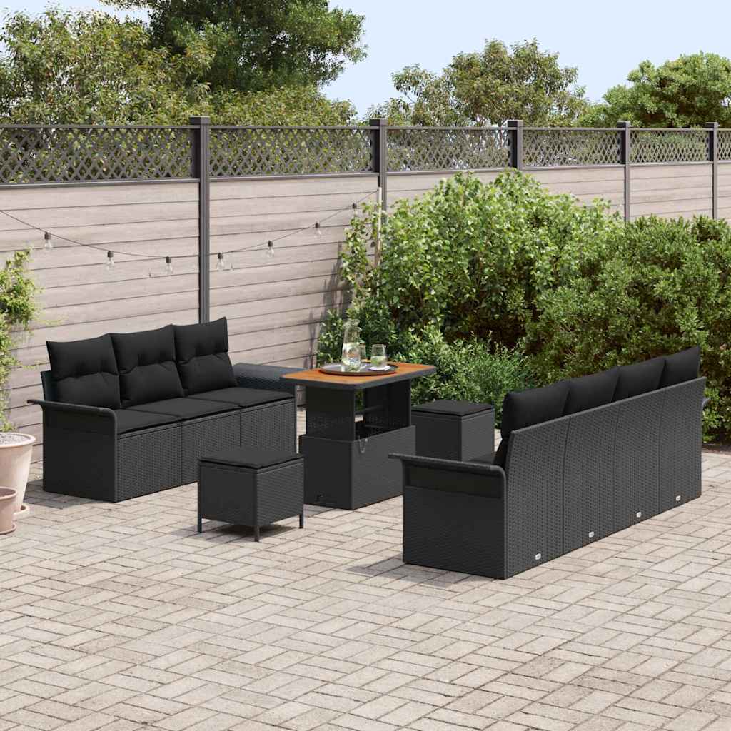 Garden Sofa Set with Cushion 10 pcs Black Poly Rattan