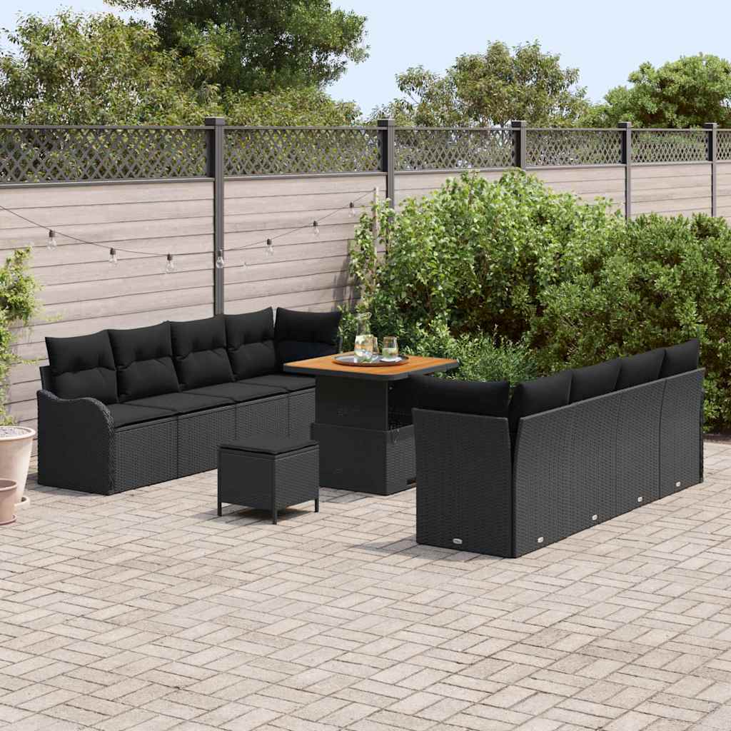 Garden Sofa Set with Cushion 11 pcs Black Poly Rattan