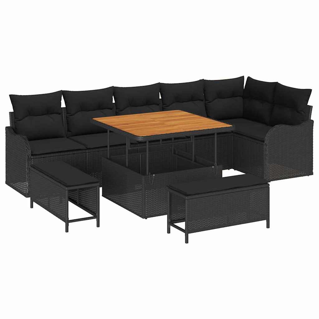 Garden Sofa Set with Cushion 9 pcs Black Poly Rattan