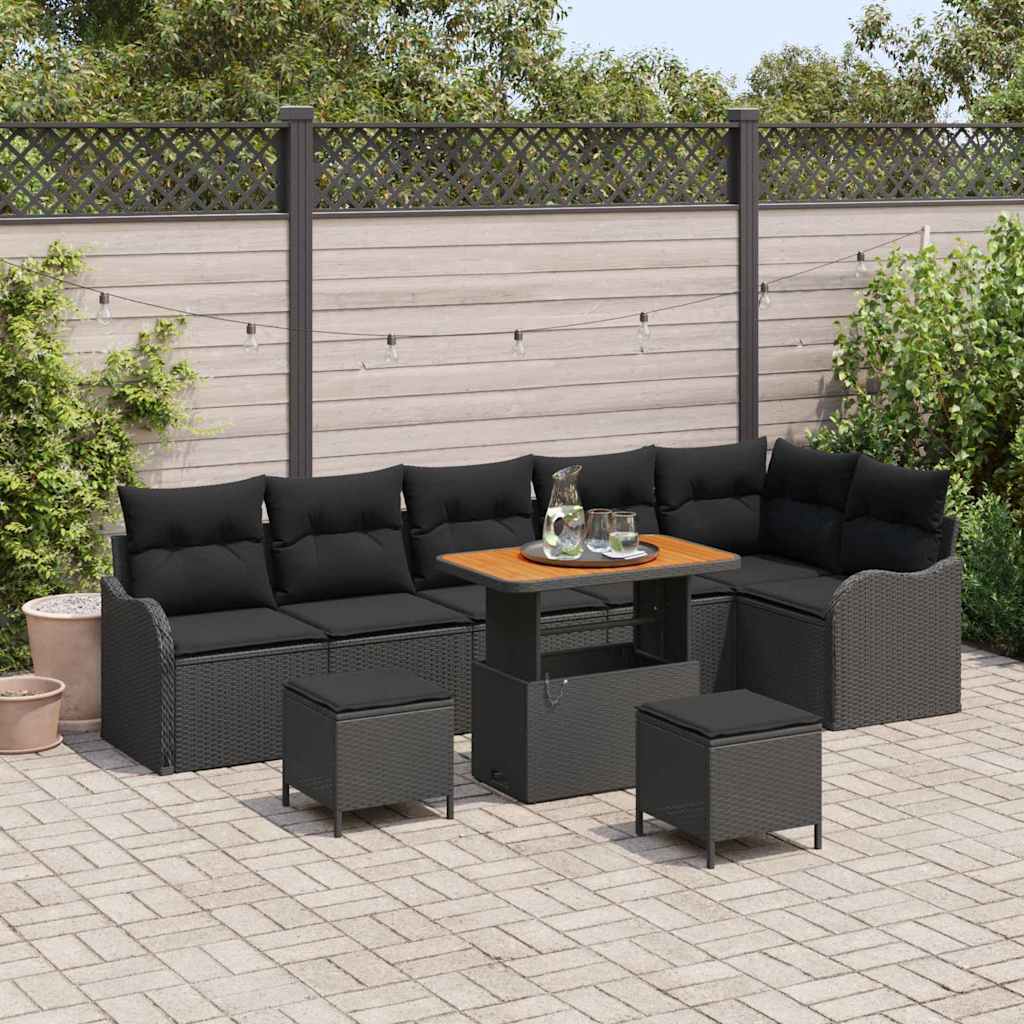 Garden Sofa Set with Cushion 9 pcs Black Poly Rattan