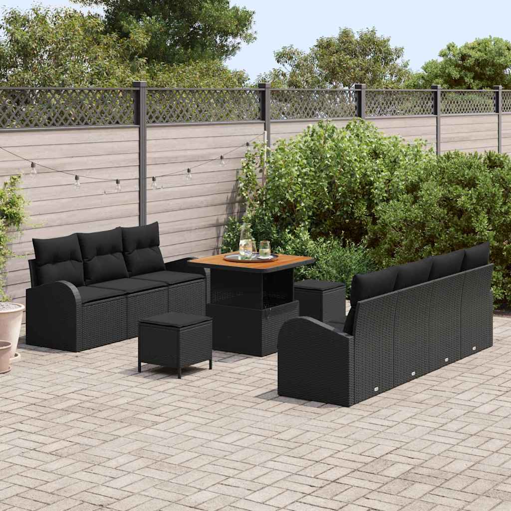 Garden Sofa Set with Cushion 10 pcs Black Poly Rattan
