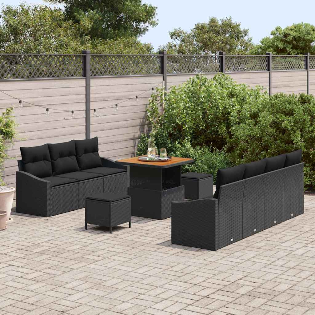 Garden Sofa Set with Cushion 10 pcs Black Poly Rattan
