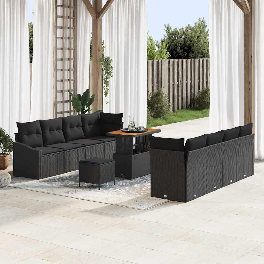 Garden Sofa Set with Cushion 11 pcs Black Poly Rattan