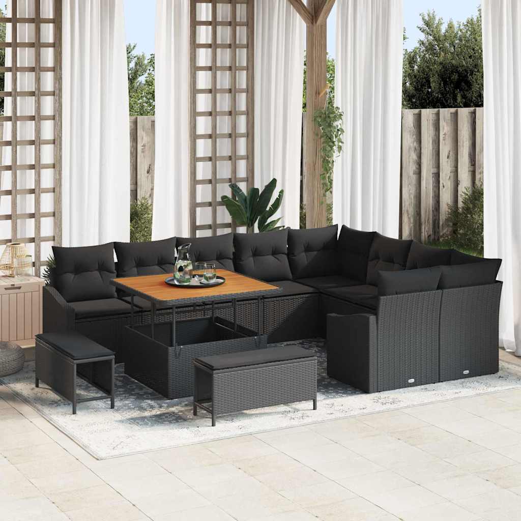 Garden Sofa Set with Cushion 12 pcs Black Poly Rattan