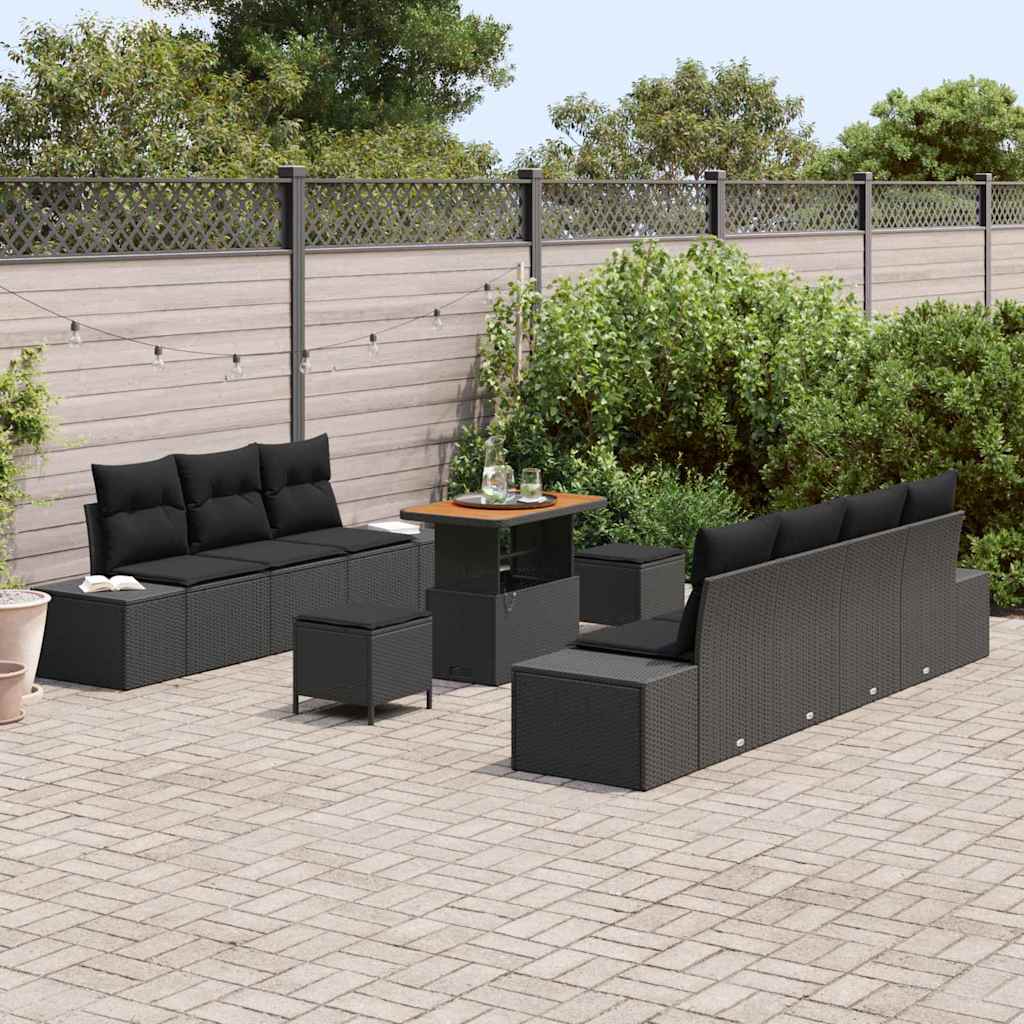Garden Sofa Set with Cushion 10 pcs Black Poly Rattan