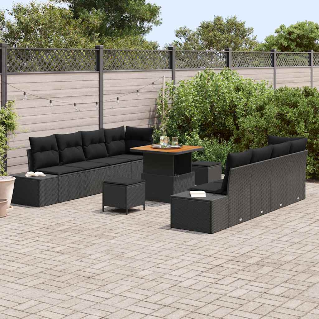 Garden Sofa Set with Cushion 11 pcs Black Poly Rattan
