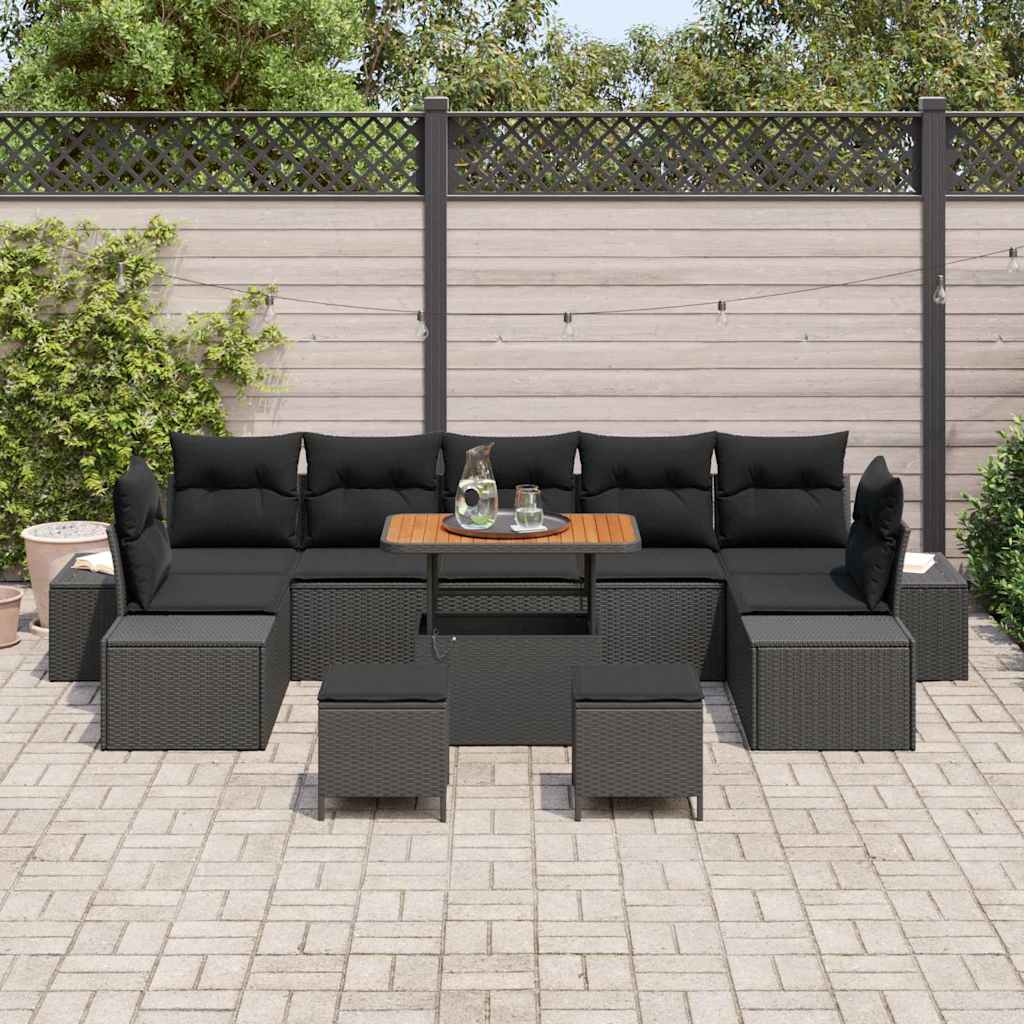 Garden Sofa Set with Cushion 10 pcs Black Poly Rattan