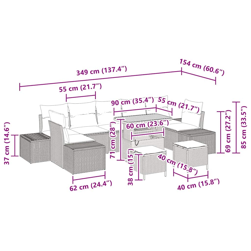 Garden Sofa Set with Cushion 10 pcs Black Poly Rattan