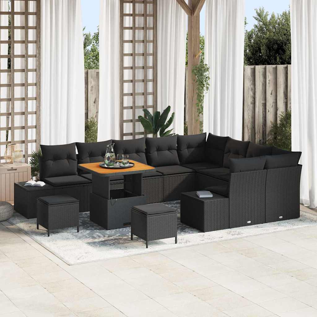 Garden Sofa Set with Cushion 12 pcs Black Poly Rattan