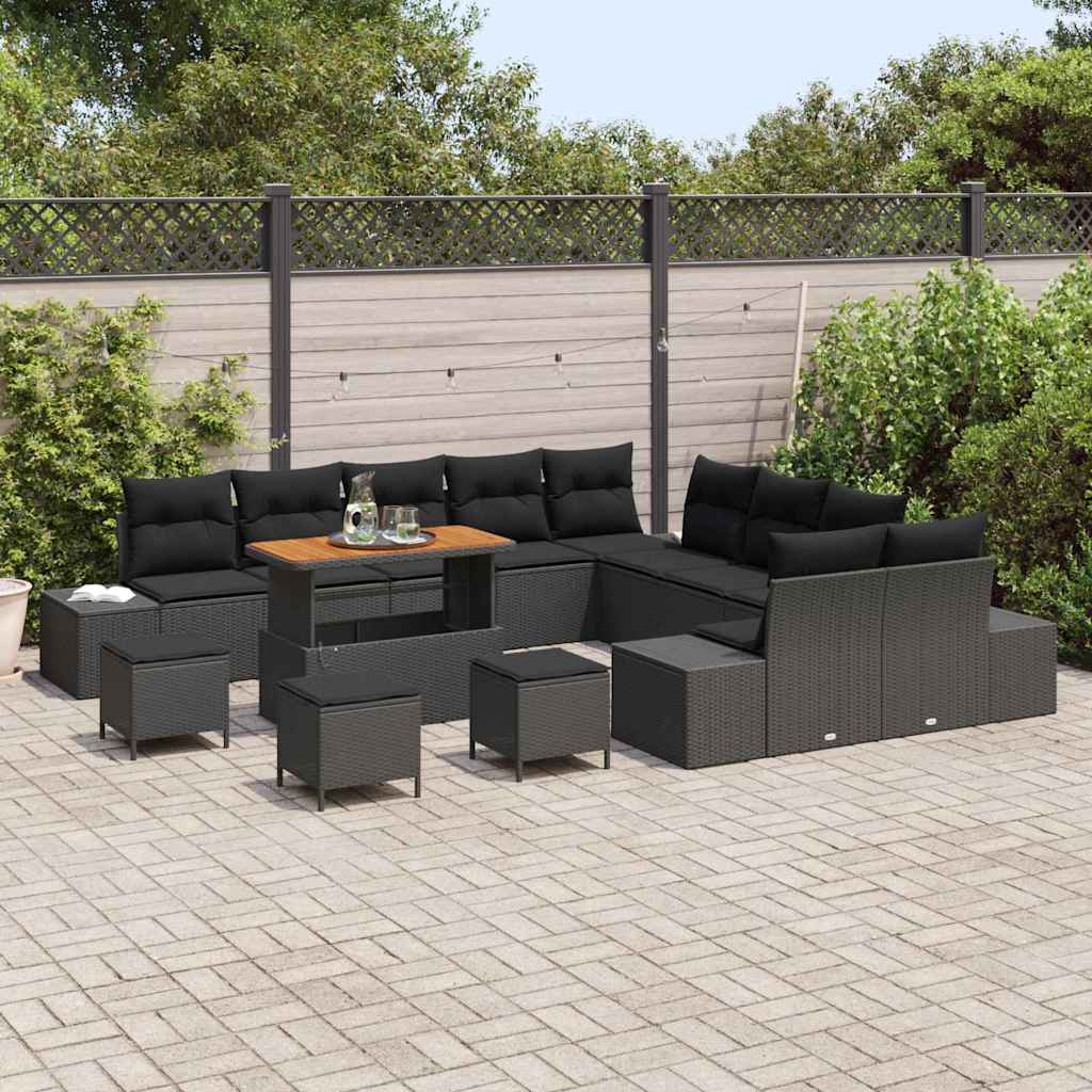 Garden Sofa Set with Cushion 14 pcs Black Poly Rattan