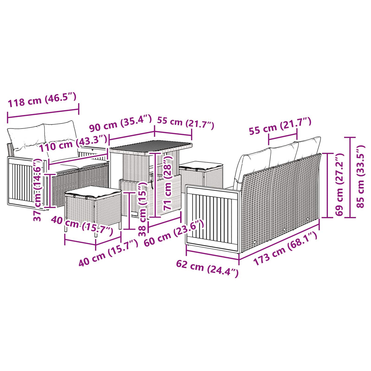 Garden Sofa Set 8 pcs Black Poly rattan and powder-coated steel