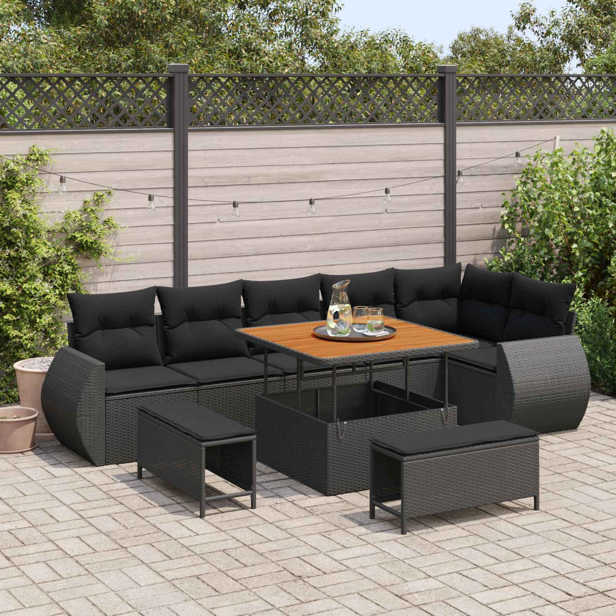 Garden Sofa Set with Cushion 9 pcs Black Poly Rattan