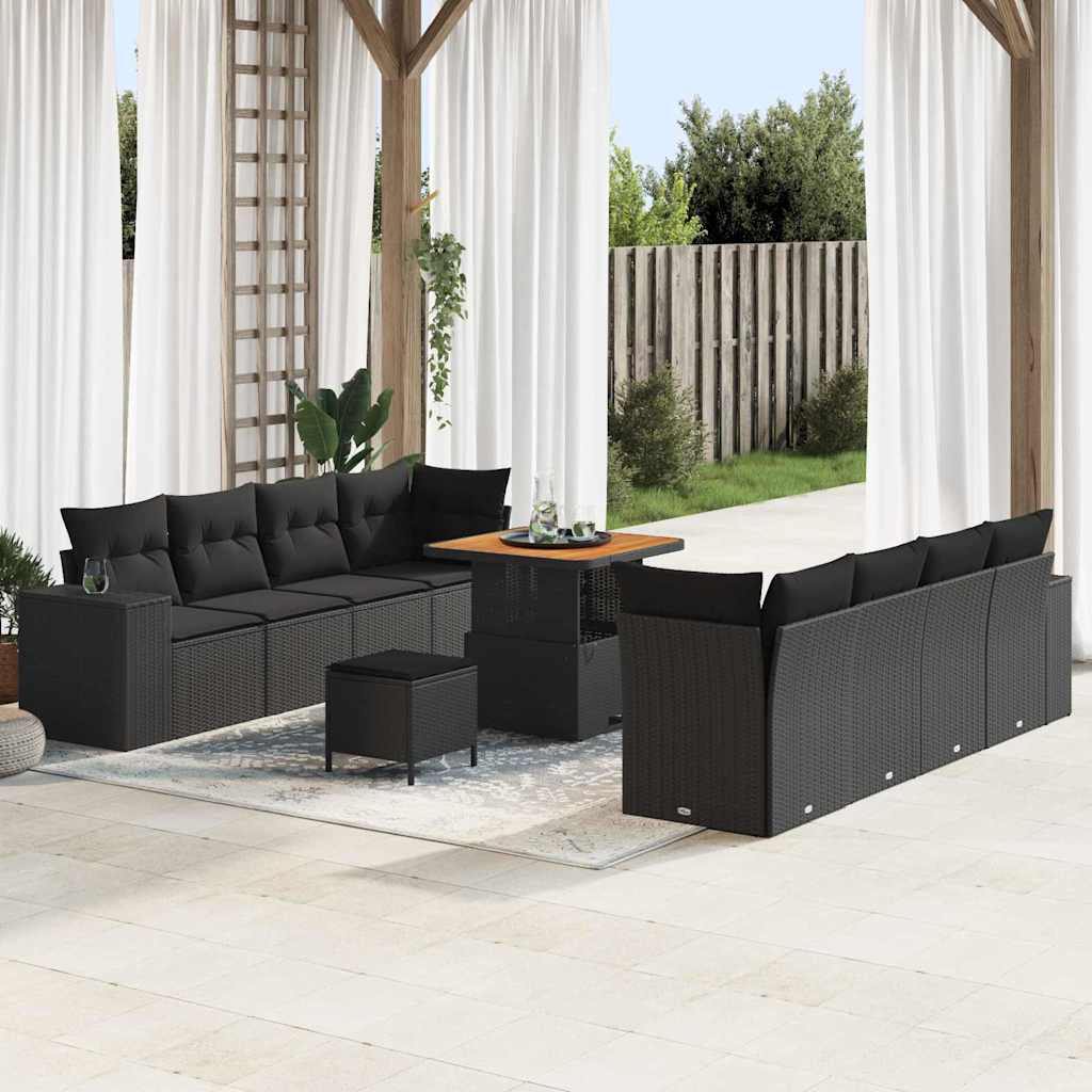 Garden Sofa Set with Cushion 11 pcs Black Poly Rattan