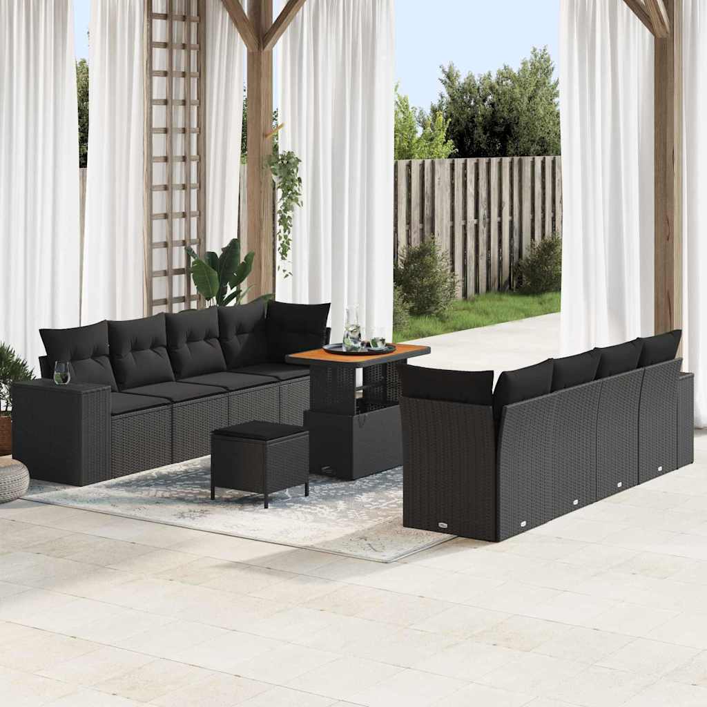 Garden Sofa Set with Cushion 11 pcs Black Poly Rattan
