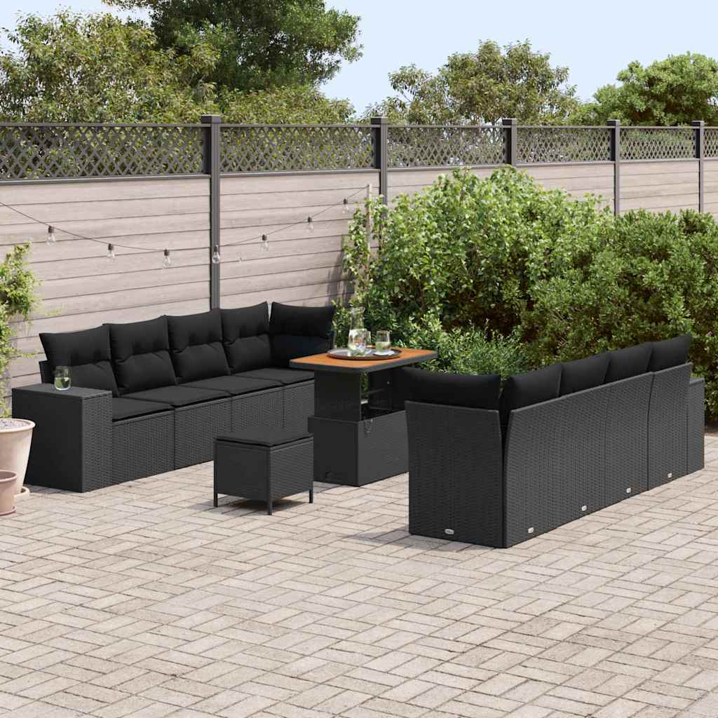 Garden Sofa Set with Cushion 11 pcs Black Poly Rattan