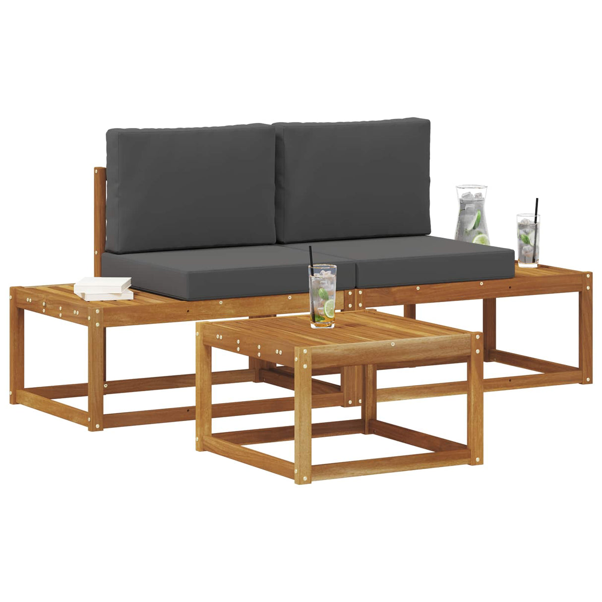Outdoor Sofa Set 3 pcs Natural Solid Acacia Wood and Polyester