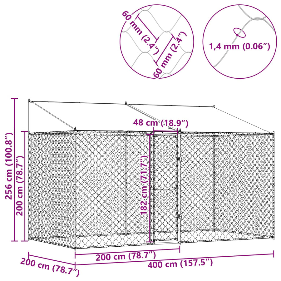 Dog Cage with Roof Silver 400 x 200 x 256 cm Steel and PE