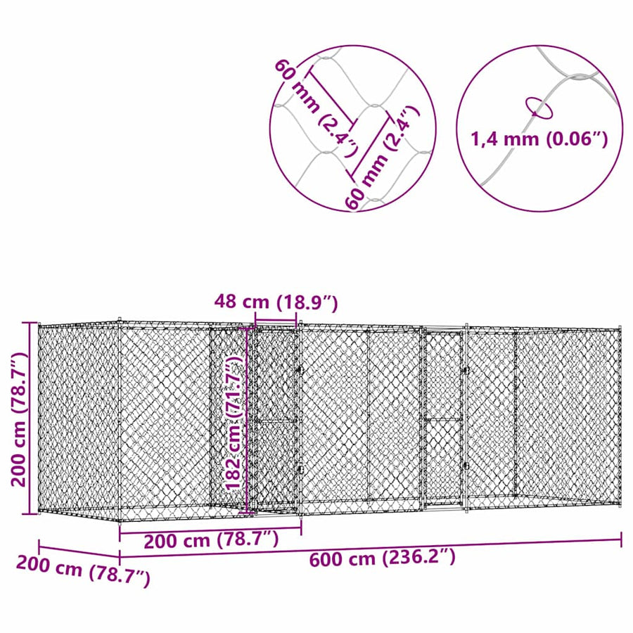 Dog Cage Silver 600 x 200 x 200 cm Galvanised Steel