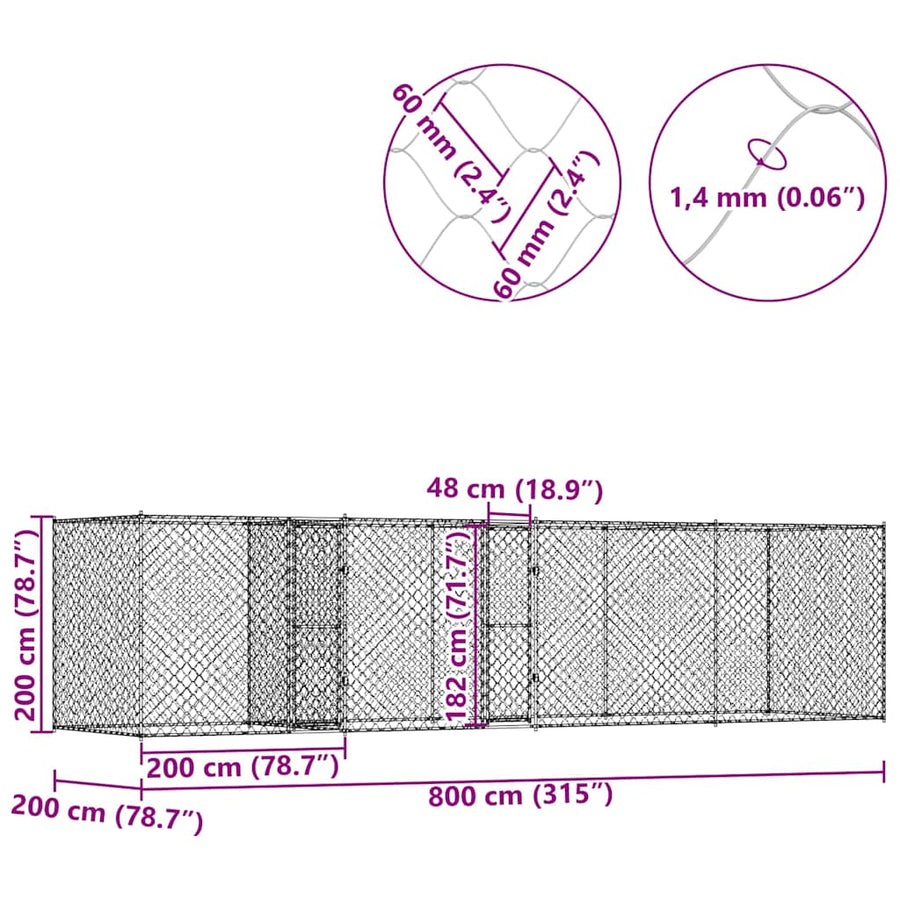 Dog Cage Silver 800 x 200 x 200 cm Galvanised Steel