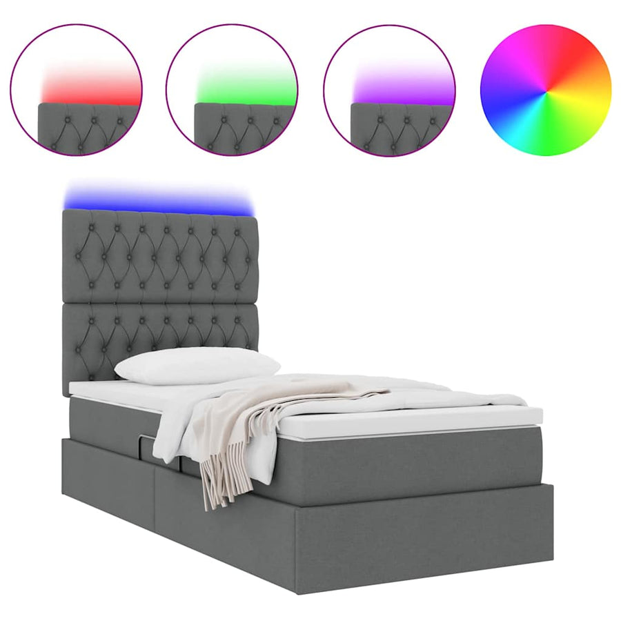 LED Storage Bed with Mattress Dark Grey 107 x 203 cm Fabric