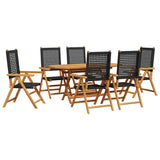 Garden Dining Set 7 pcs Black Solid acacia wood and poly rattan - Front View