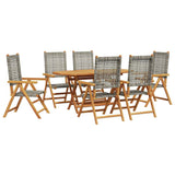Garden Dining Set 7 pcs Grey Solid acacia wood and poly rattan - Front View