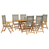 Garden Dining Set 7 pcs Grey Solid acacia wood and poly rattan - Side View
