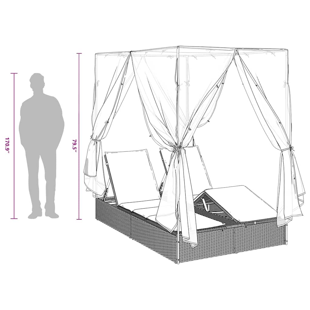 Double Sun Lounger Black 205 x 129 x 200 cm Poly Rattan