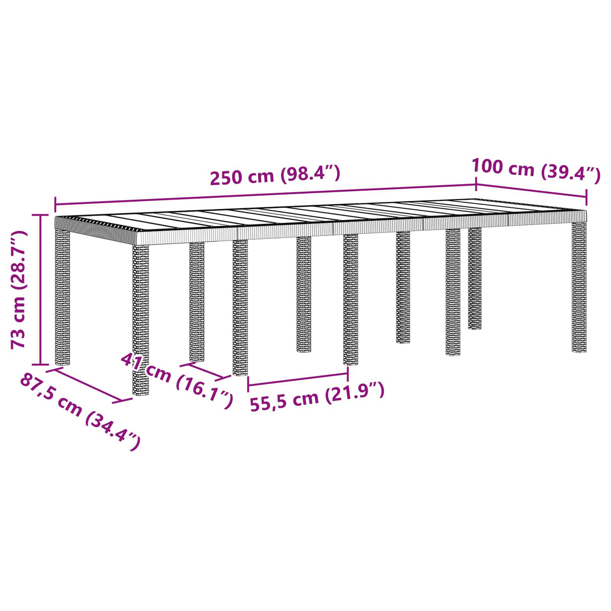 Garden Table Brown 250 x 100 x 73 cm Poly Rattan
