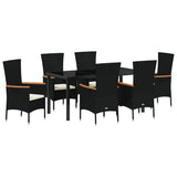 Garden Dining Set with Cushion 7 pcs Black Powder-Coated Steel - Front View