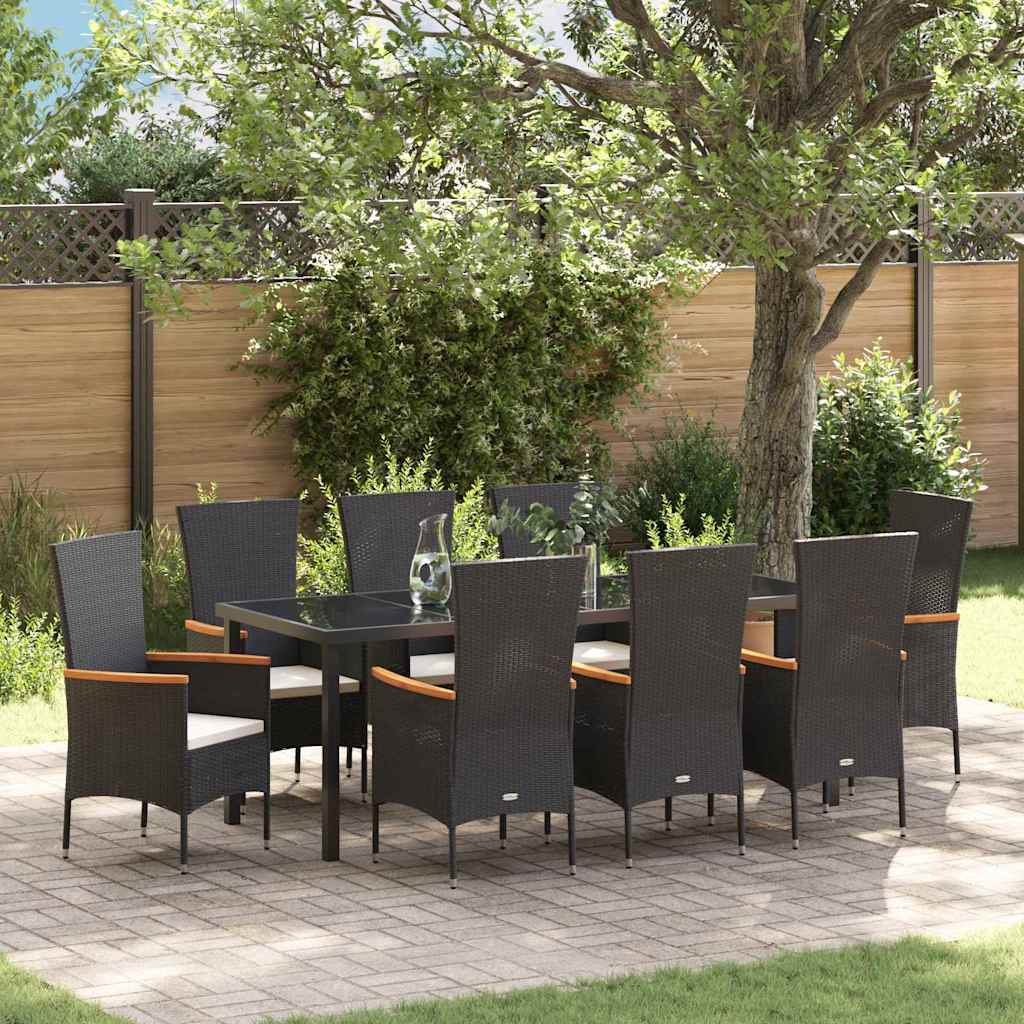 Garden Dining Set with Cushion 9 pcs Black Powder-Coated Steel