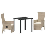 Garden Dining Set with Cushion 3 pcs Beige Poly Rattan - Front View