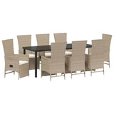 Garden Dining Set with Cushion 9 pcs Beige Poly Rattan - Front View