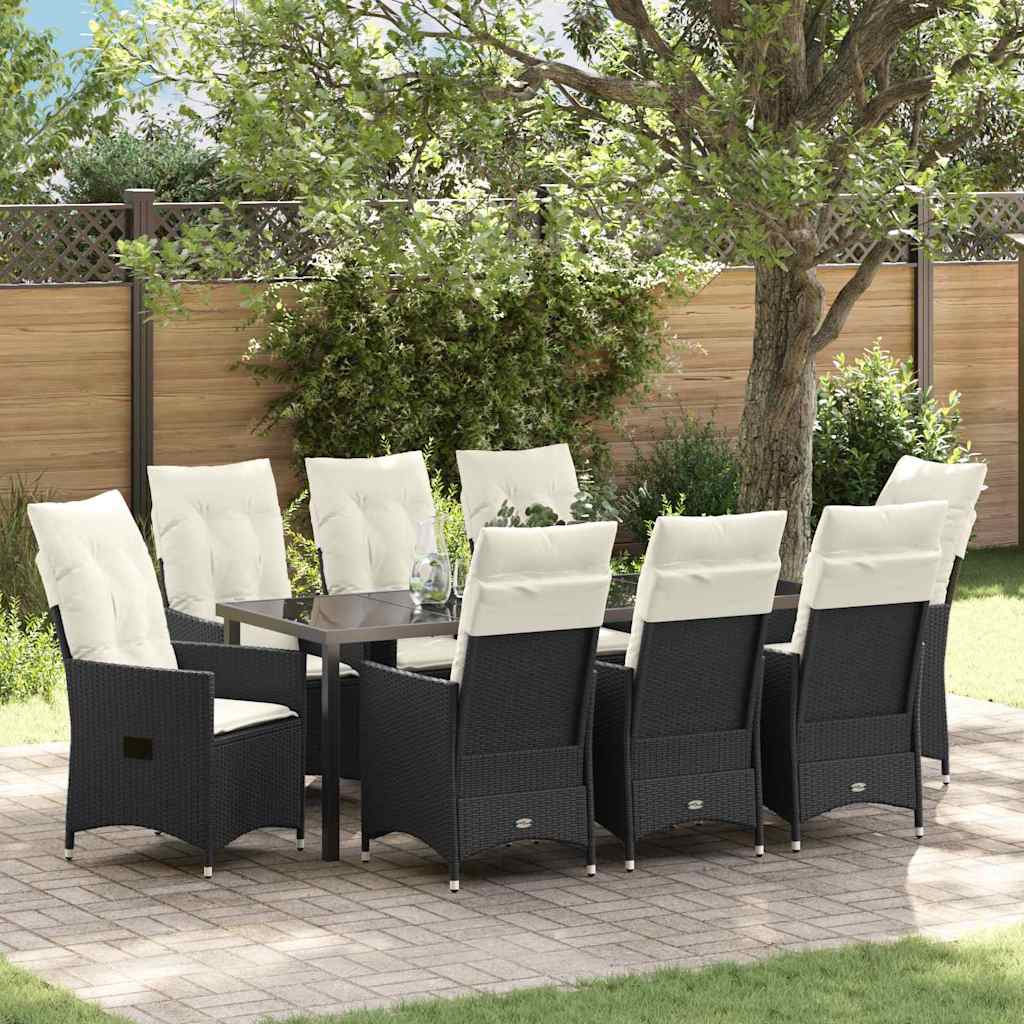 Garden Dining Set with Cushion 9 pcs Black Poly Rattan