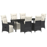 Garden Dining Set with Cushion 7 pcs Black Poly Rattan - Front View