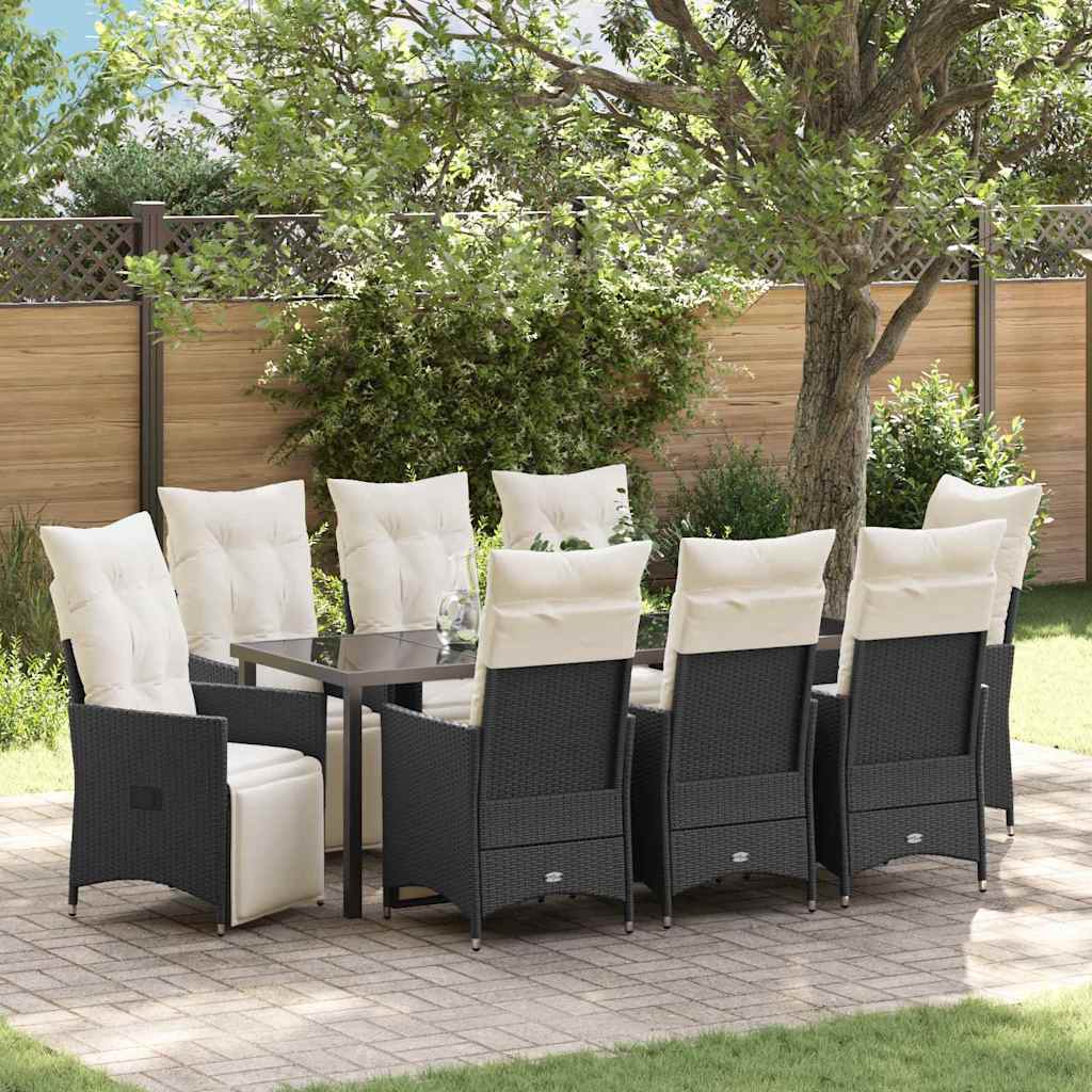 Garden Dining Set with Cushion 9 pcs Black Poly Rattan