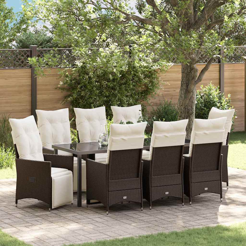 Garden Dining Set with Cushion 9 pcs Brown Poly Rattan
