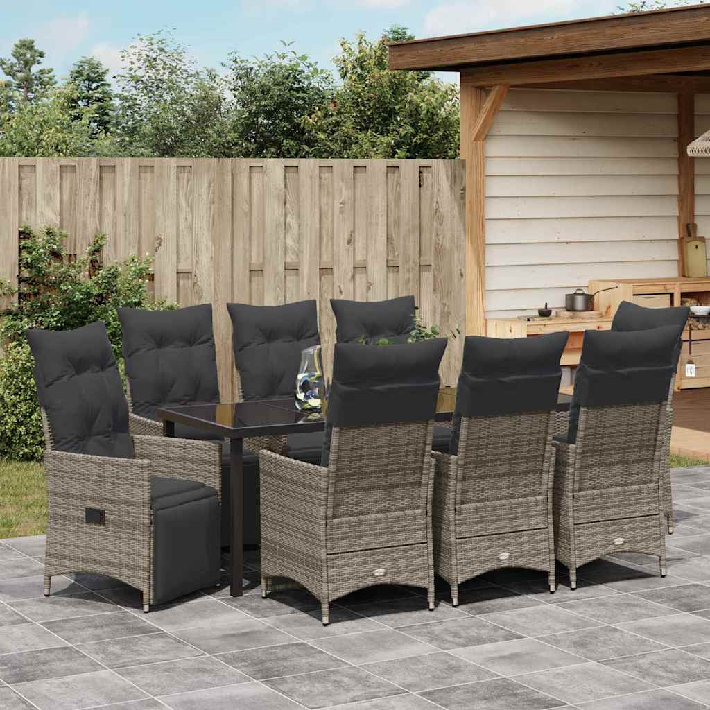 Garden Dining Set with Cushion 9 pcs Grey Poly Rattan