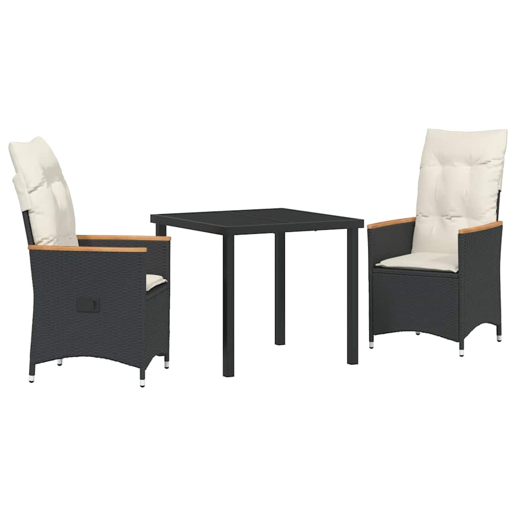 Garden Dining Set with Cushion 3 pcs Black Poly Rattan