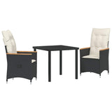Garden Dining Set with Cushion 3 pcs Black Poly Rattan - Front View
