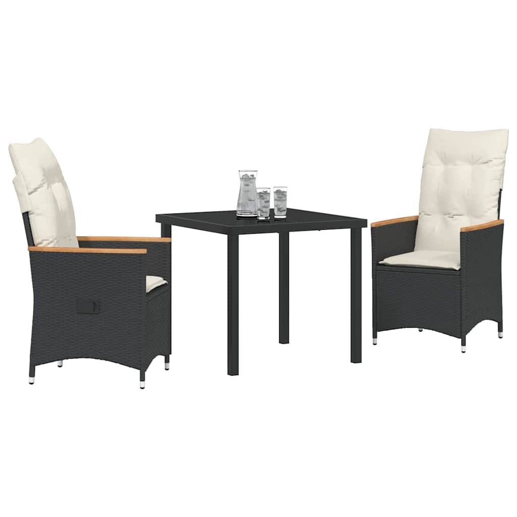 Garden Dining Set with Cushion 3 pcs Black Poly Rattan