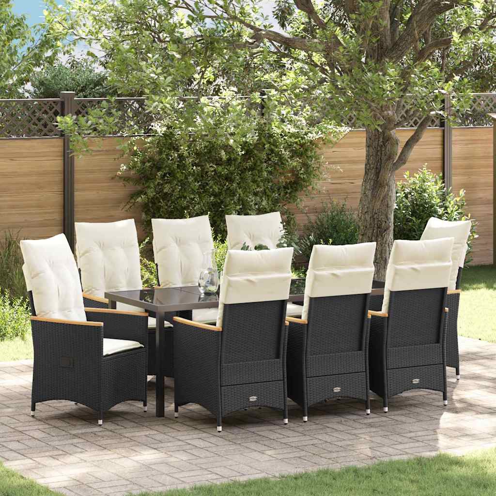 Garden Dining Set with Cushion 9 pcs Black Poly Rattan