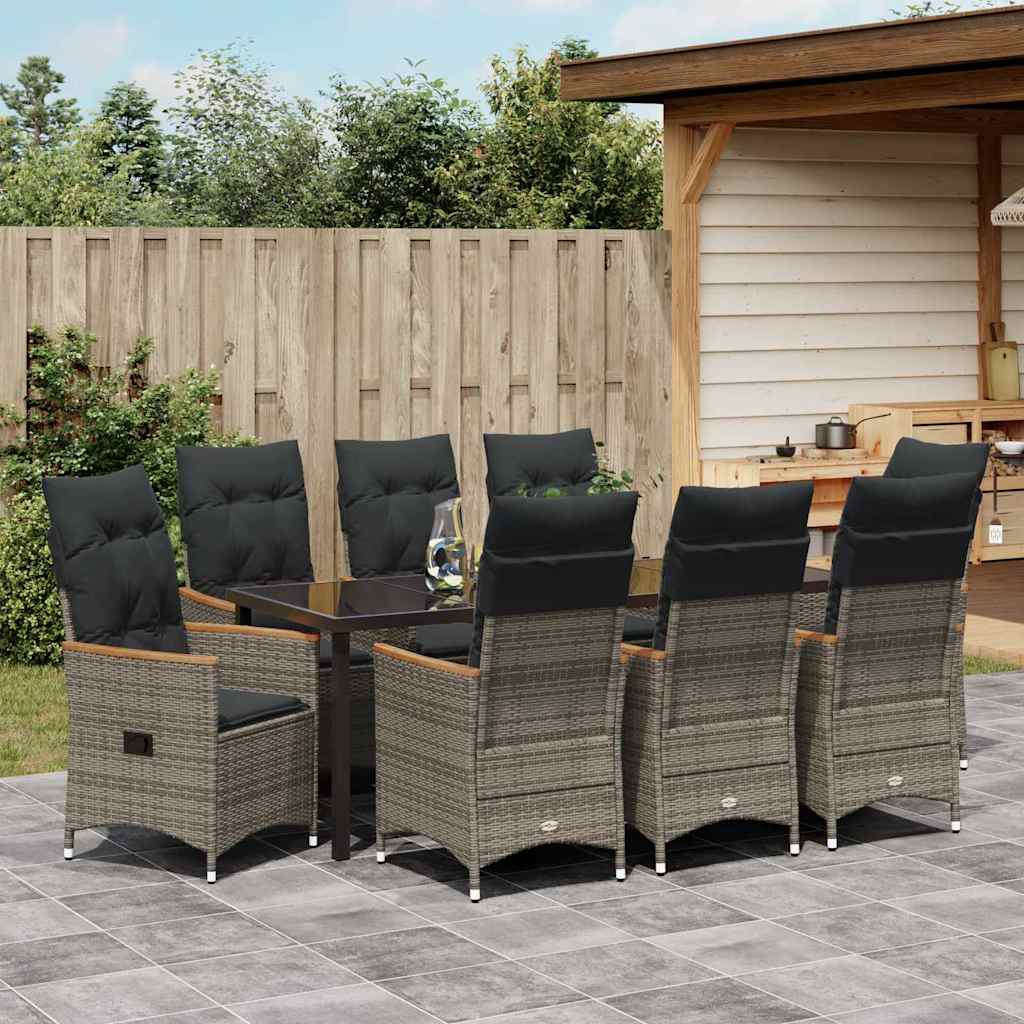 Garden Dining Set with Cushion 9 pcs Grey Poly Rattan