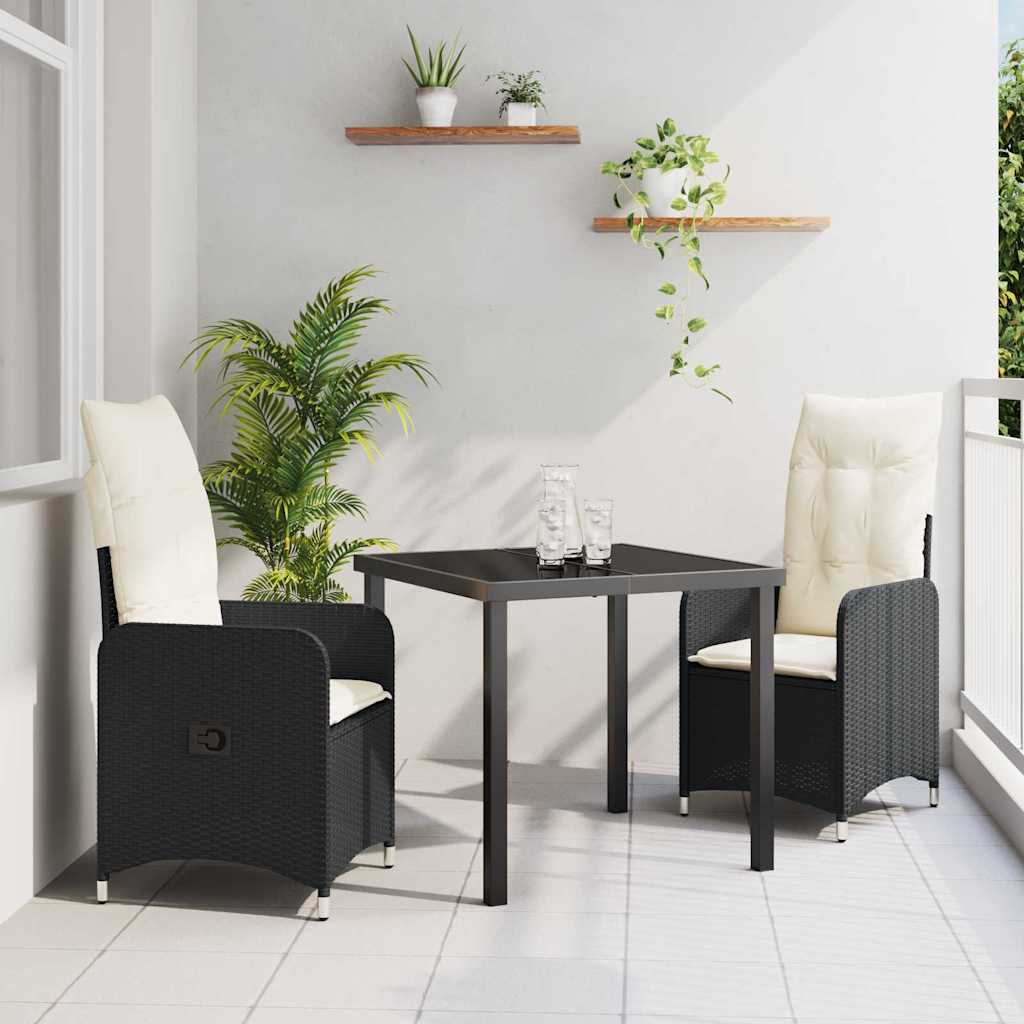 Garden Dining Set with Cushion 3 pcs Black Poly Rattan