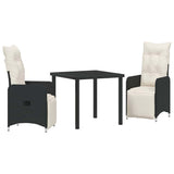 Garden Dining Set with Cushion 3 pcs Black Poly Rattan - Front View