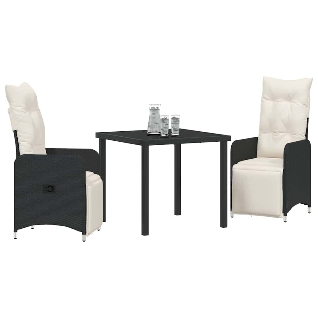 Garden Dining Set with Cushion 3 pcs Black Poly Rattan