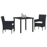 Garden Dining Set with Cushion 3 pcs Black Poly Rattan