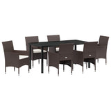 Garden Dining Set with Cushion 7 pcs Brown Poly Rattan - Front View