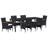 Garden Dining Set with Cushion 7 pcs Black Poly Rattan - Front View